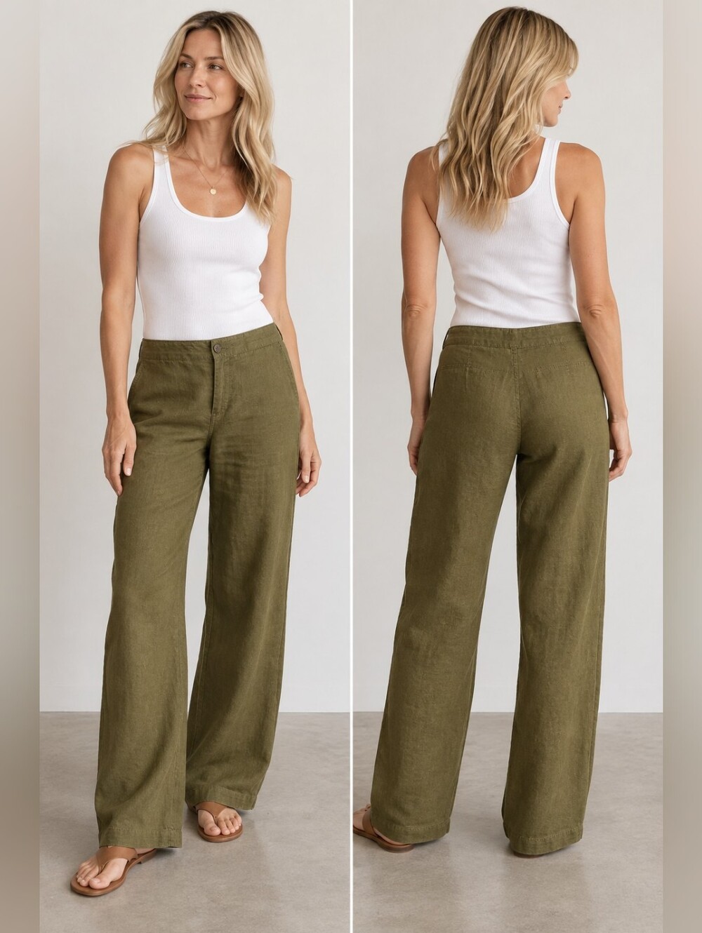 EILEEN FISHER 100% IRISH LINEN OLIVE GREEN STRAIGHT LEG PANTS SIZE L
